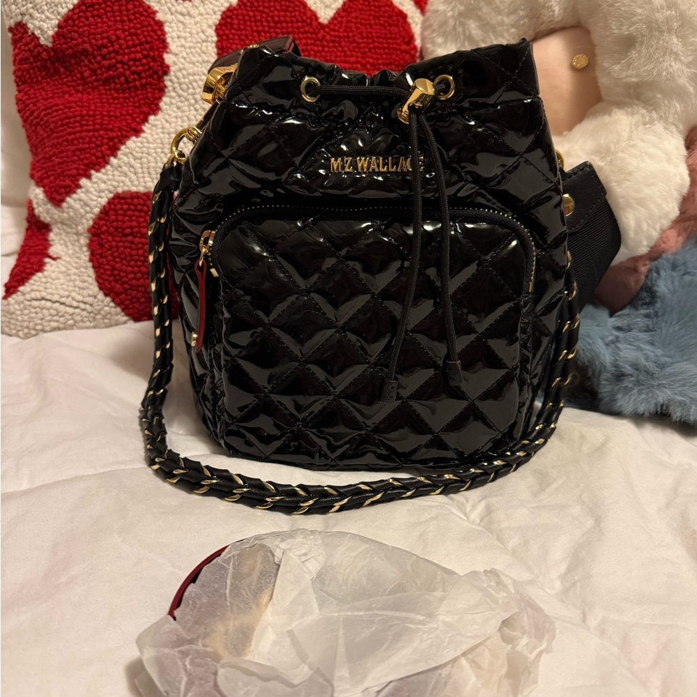 MZ Wallace Black Quilted patent bucket bag